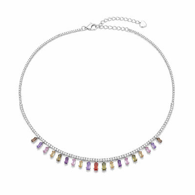 Rainbow Crystal Fringe Tennis Necklace – Sterling Silver Statement Necklace