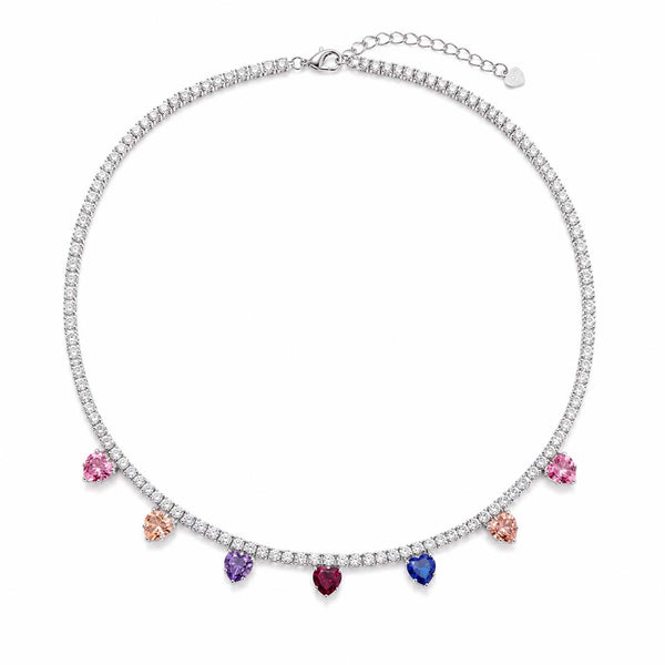 Sterling Silver Multicolor Heart Crystal Tennis Necklace – Rainbow Gemstone Statement Necklace