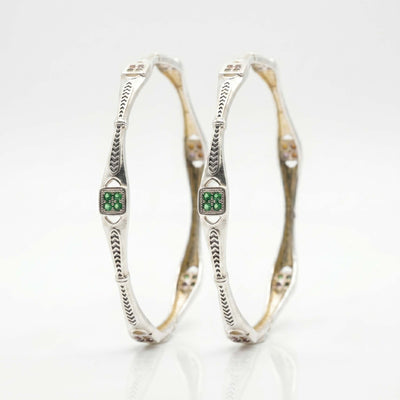 Twisted Sterling Silver Bangle  with Green & Pink Stone Accents