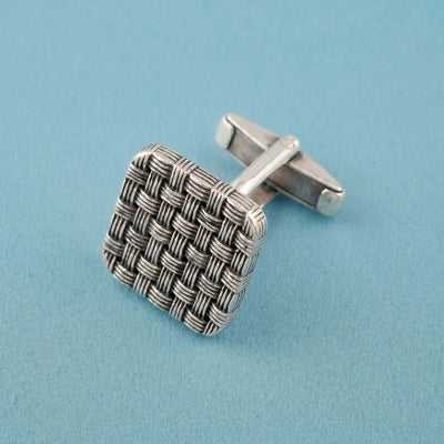 Artisan Basketweave Oxidized Sterling Silver Square Cufflinks
