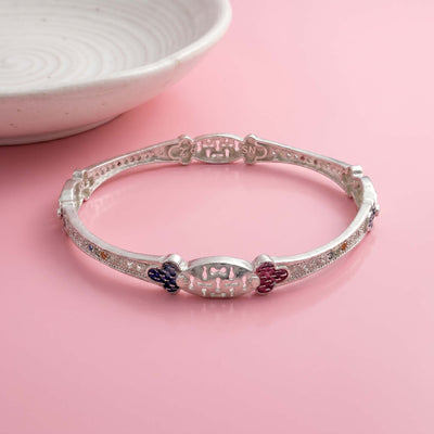 Sterling Silver Hinged Bracelet with Pink & Purple Heart Accents