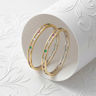 Flaneur 925 Silver Sleek Multi-Stone Stacking Bangles for Women (Pair)
