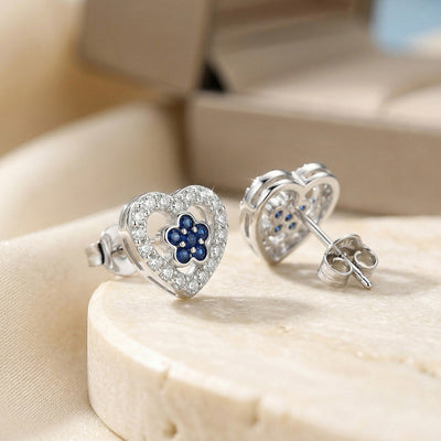 Flaneur 925 Silver Blue Sapphire Floral Heart Halo Stud Earrings