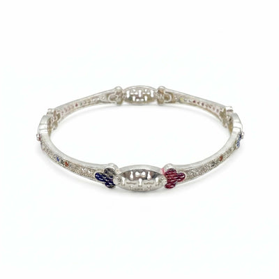Sterling Silver Hinged Bracelet with Pink & Purple Heart Accents