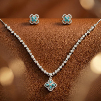 Flâneur Blue Floral Silver Necklace Set | 92.5 Sterling CZ