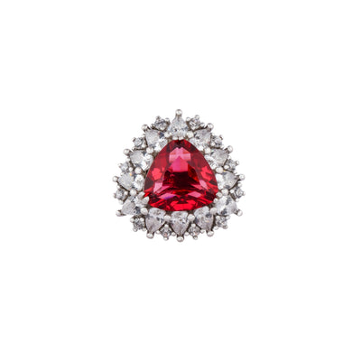 Trillion Cut Ruby and CZ Halo Silver Ring for her