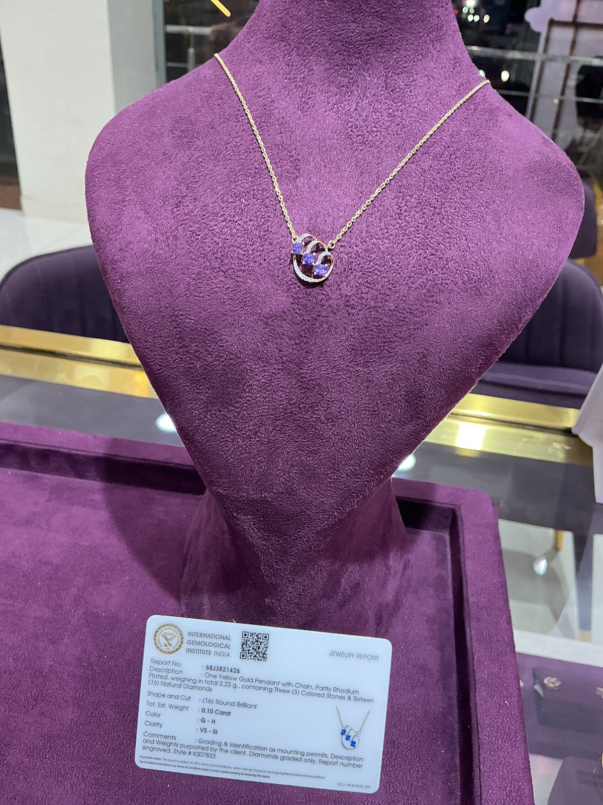 Gold Blue Gemstone & Natural Diamond Pendant Necklace