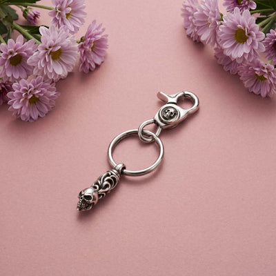 Gothic Skull and Tribal Scroll Oxidized Sterling Silver Key Chain