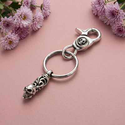 Gothic Skull and Tribal Scroll Oxidized Sterling Silver Key Chain