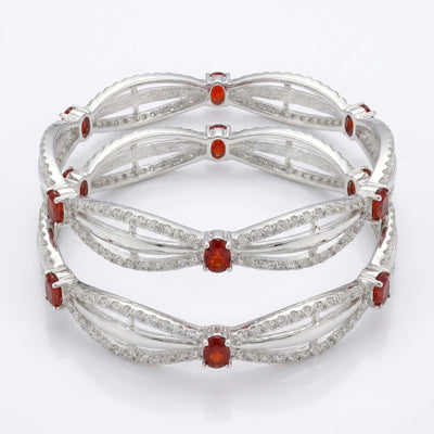 Silver Wave Bangle with Ruby Red Stone Accents