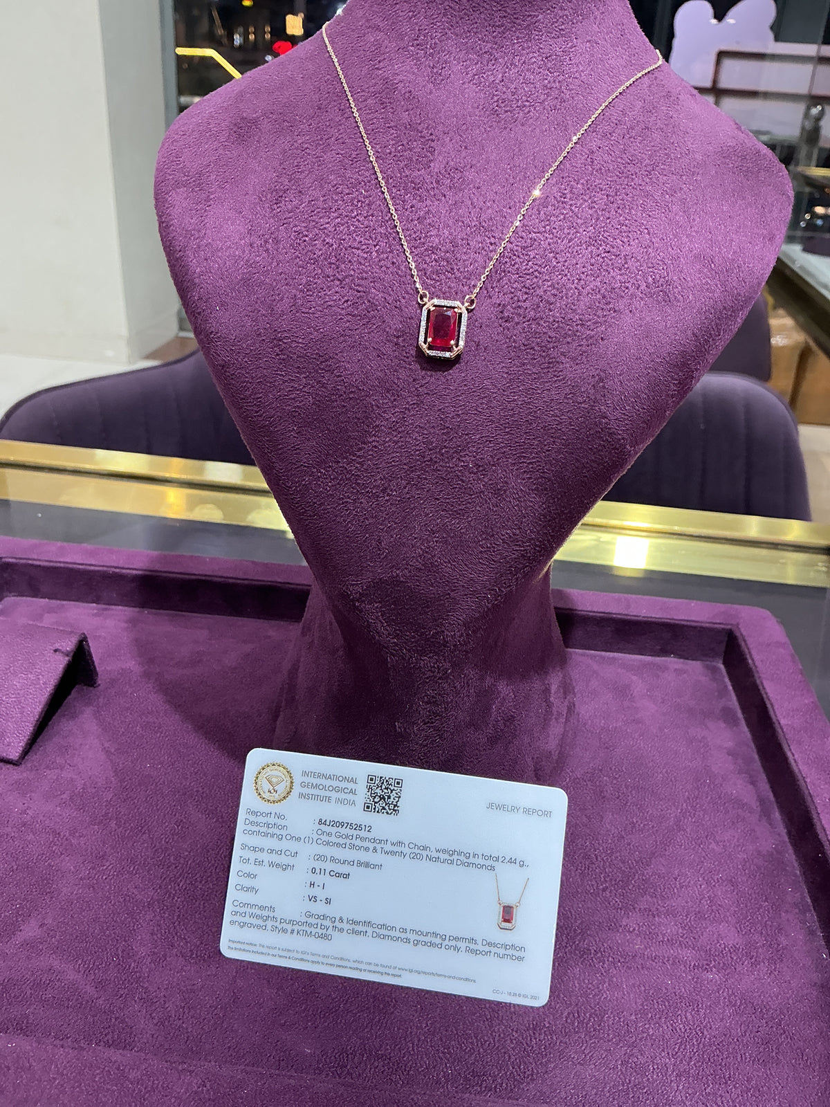 Gold Ruby-Coloured Stone & Natural Diamond Pendant Necklace