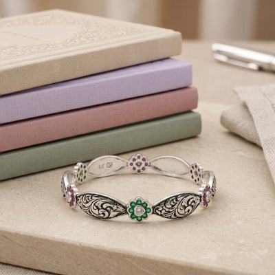 Oxidized Floral Meenakari Silver Bracelet