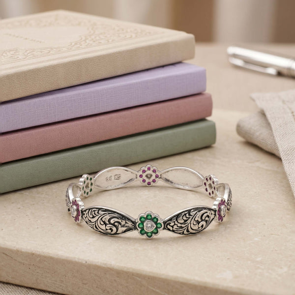 Oxidized Floral Meenakari Silver Bracelet - Flâneur Global® | FG | 925 Fine Silver Jewelry & Accessories
