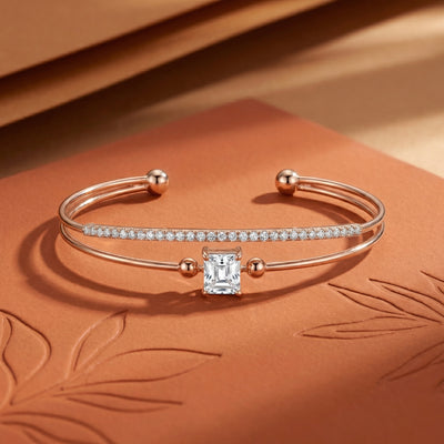 92.5 Fine Silver Rose Gold Solitaire & Pavé Dual-Wire Bracelet