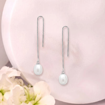 Elegant Freshwater Pearl Threader Earrings | Flaneur 925 Silver