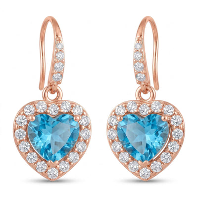 Swiss Blue Topaz Heart Drop Earrings in Rose Gold Plated Flaneur 925 Silver