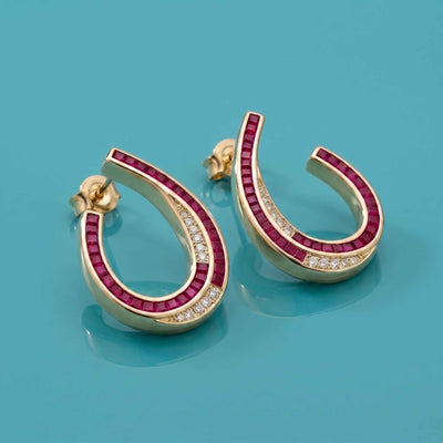 Ruby and Brilliant Zirconia Horseshoe Earrings in 18K Rose Gold