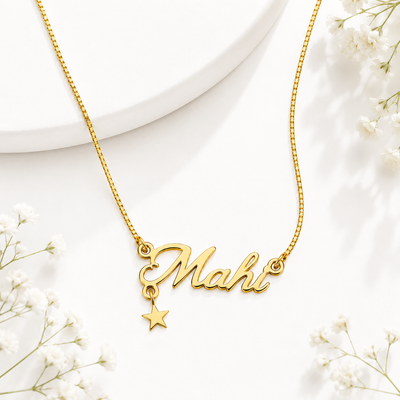 Elegant Script Pendant Necklace with Star Charm – Gold Finish