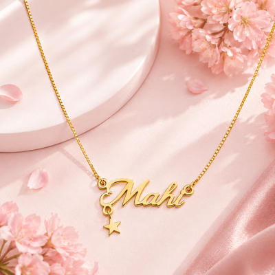 Elegant Script Pendant Necklace with Star Charm – Gold Finish