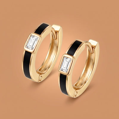 Baguette Zirconia and Black Enamel Huggie Earrings in Flaneur 925 Silver