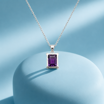 Silver Amethyst Purple Radiant-Cut Solitaire Pendant