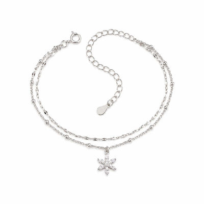 Layered Floral Charm Sterling Silver Anklet for Women