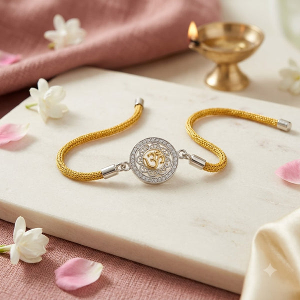 Silver Om Rakhi with Yellow Thread