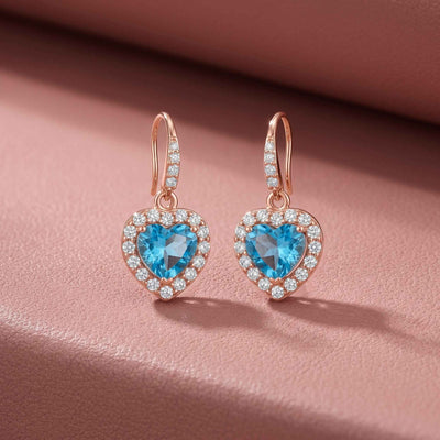 Swiss Blue Topaz Heart Drop Earrings in Rose Gold Plated Flaneur 925 Silver