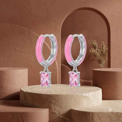 Pink Crystal Hoop Drop Earrings for Women – Silver Tone