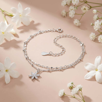 Layered Floral Charm Sterling Silver Anklet for Women