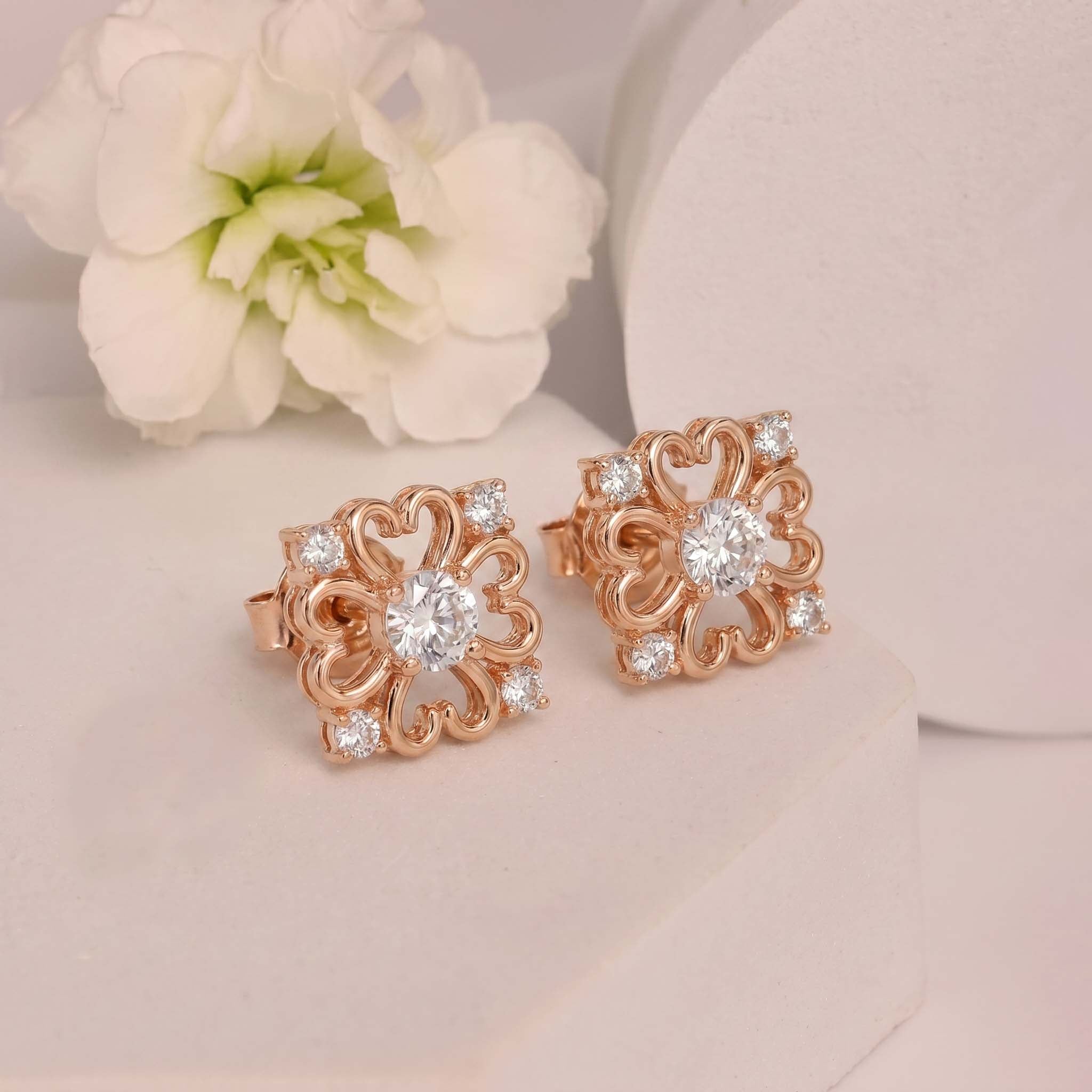 Natural Diamond Rose Gold Filigree Earrings