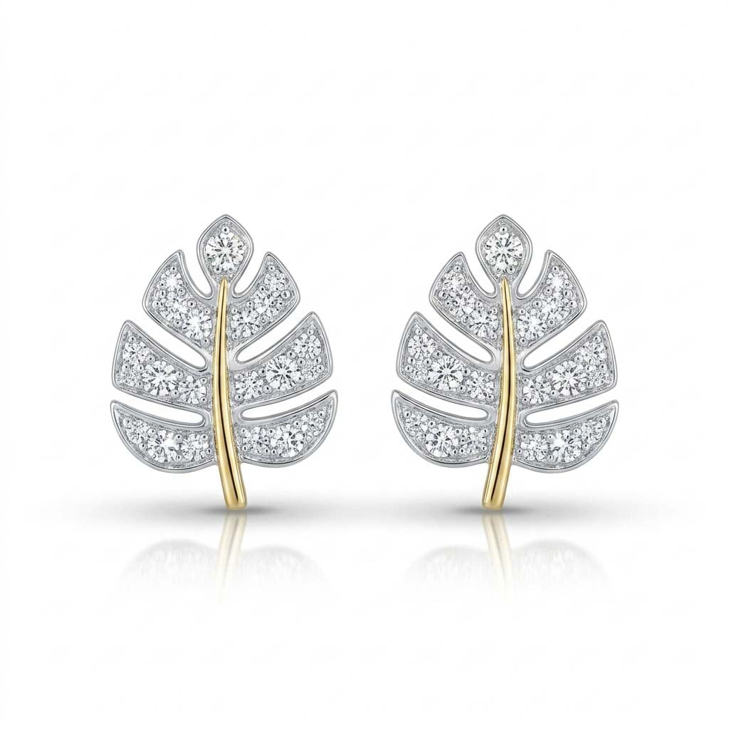 Natural Diamond Two Tone Leaf Earrings
