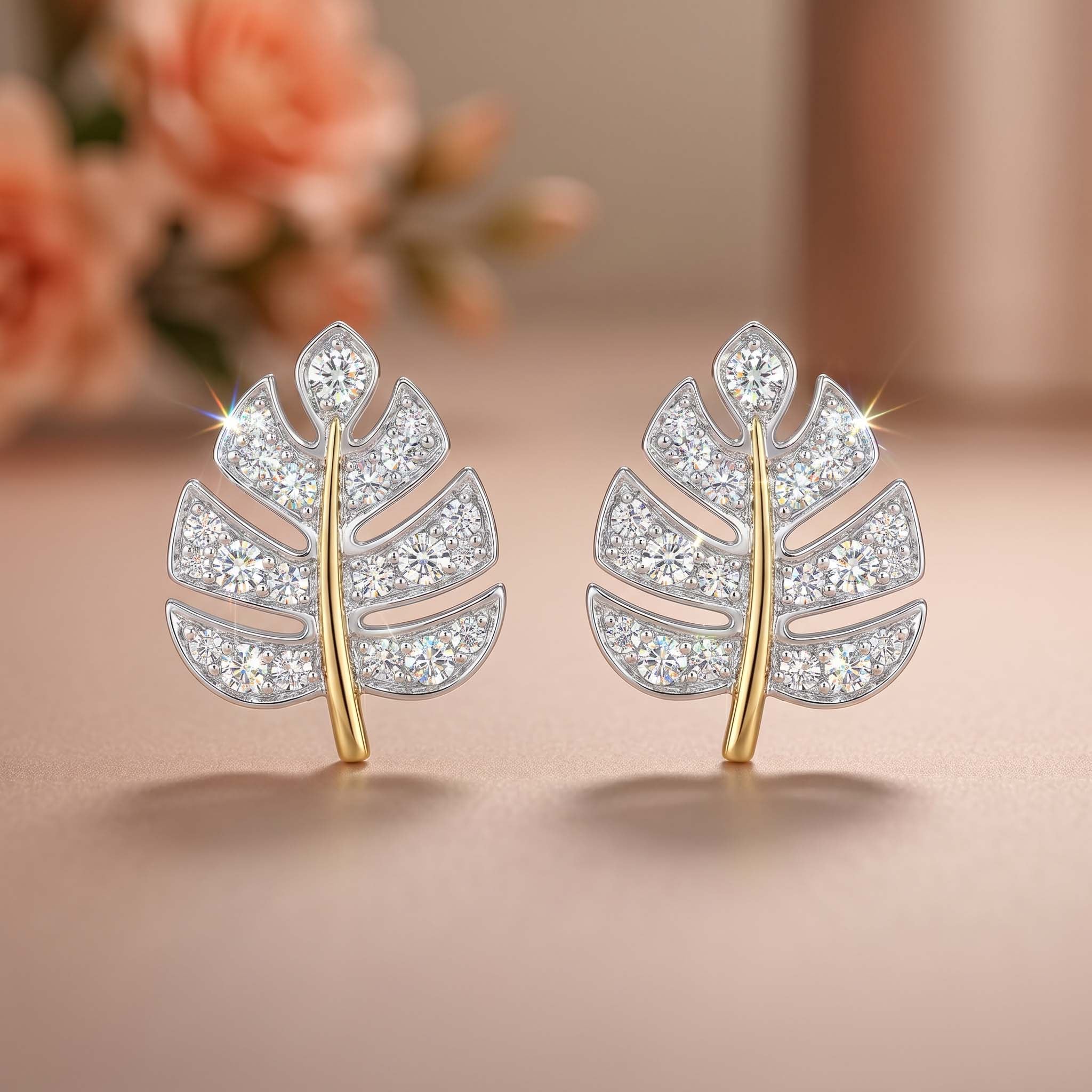Natural Diamond Two Tone Leaf Earrings