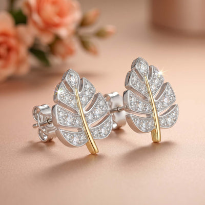 Natural Diamond Two Tone Leaf Earrings