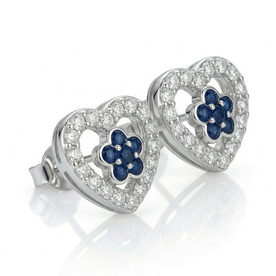 Flaneur 925 Silver Blue Sapphire Floral Heart Halo Stud Earrings