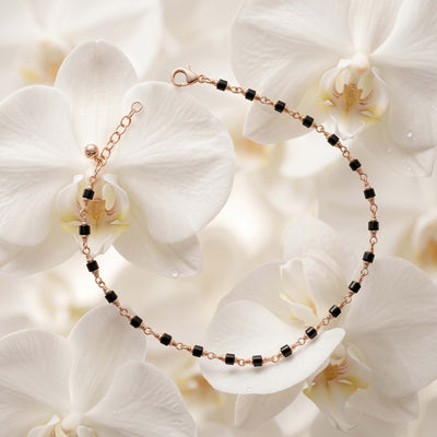 Black Beaded Rose Gold Anklet – Minimalist Adjustable Chain Anklet