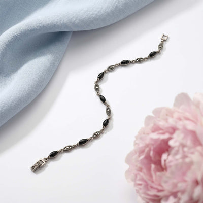Sleek Marcasite & Marquise Black Onyx Link Bracelet