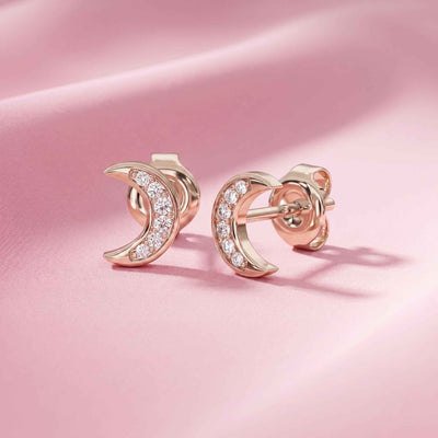 Crescent Moon Zirconia Stud Earrings in Rose Gold Plated Flaneur 925 Silver