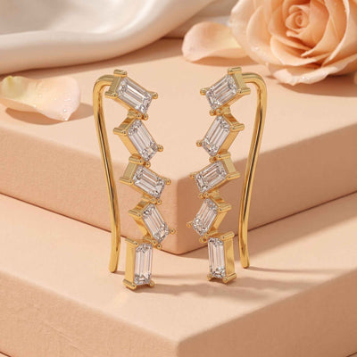 Baguette Zirconia Climber Earrings in Yellow Gold Plated Flaneur 925 Silver
