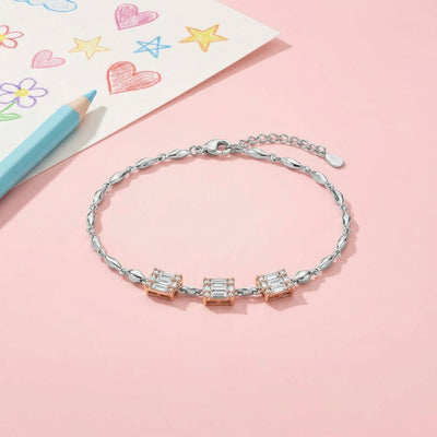 92.5 Fine Silver Rose Gold Trio Baguette Zirconia Linked Bracelet