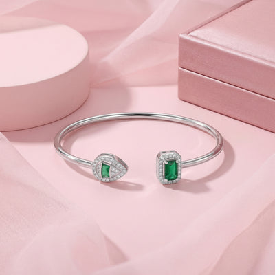 92.5 Fine Silver Minimalist Emerald Zirconia Open Cuff Bracelet