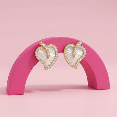 92.5 Fine Silver Gold-Plated Mother of Pearl Heart Stud Earrings