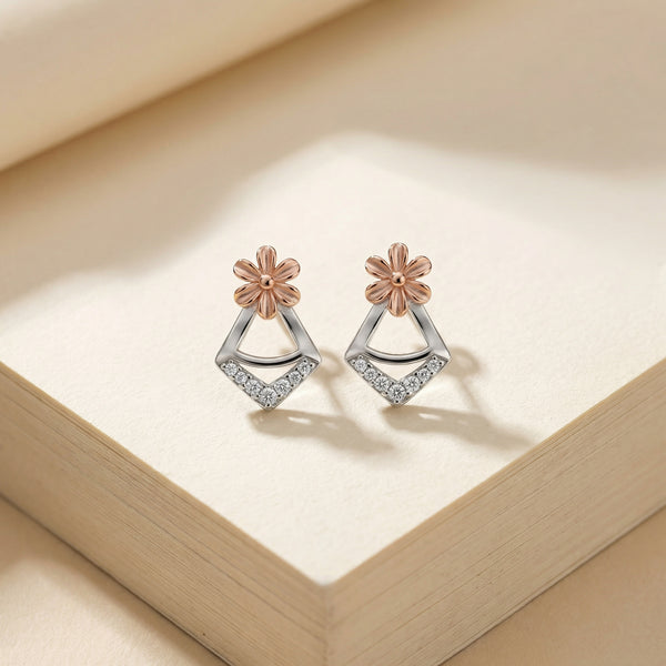 92.5 Fine Silver Dual-Tone Floral Geometric Drop Stud Earrings - Flâneur Global® | FG | 925 Fine Silver Jewelry & Accessories