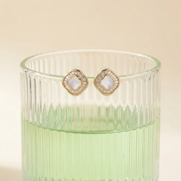 92.5 Fine Silver Gold-Plated Mother of Pearl & Baguette Zirconia Studs - Flâneur Global® | FG | 925 Fine Silver Jewelry & Accessories