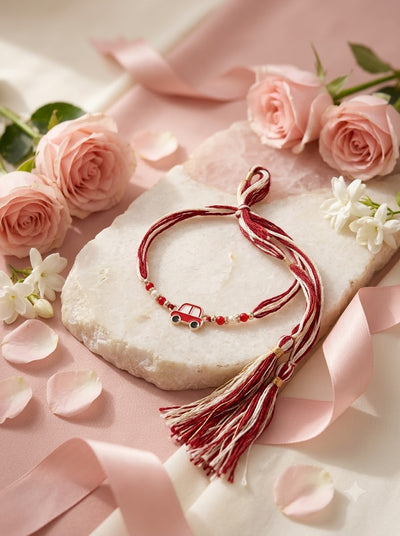 925 Silver Car Rakhi – Red & White Thread Rakhi for Brother