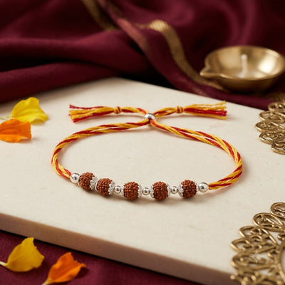925 Silver Rudraksha Rakhi with Red & Yellow Thread