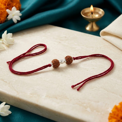 925 Silver Rudraksha Rakhi – Minimal Red Thread Design