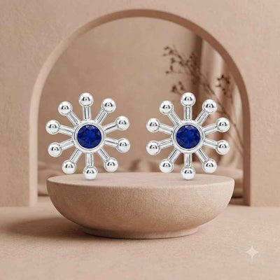 Blue Stone Sunburst Stud Earrings for Women – Silver Tone