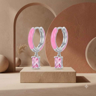 Pink Crystal Hoop Drop Earrings for Women – Silver Tone