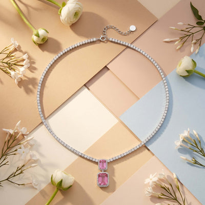 925 Sterling Silver Pink Cushion Cut Tennis Choker Necklace